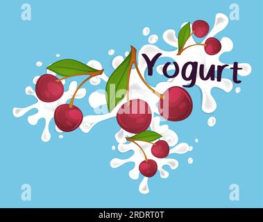 Yogourt à la cerise biologique ou milkshake, smoothie ou lait sucré avec des fruits. Produit laitier naturel pour un régime sain et une nutrition. Éclaboussures de boisson, annonces f Illustration de Vecteur