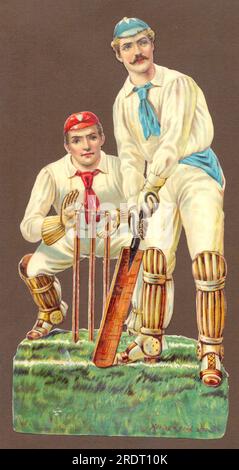 Scrap de cricketers chromolithographié découpé à l'emporte-pièce intitulé « Making a Good Score » circa 1885 Banque D'Images