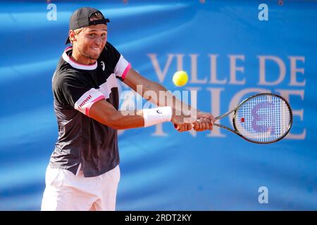 Nice, France. 21 juillet 2023. Leandro Riedi pour l'équipe de Suisse contre Richard Gasquet pour l'équipe de France lors de la Hopman Cup 2023, Championnats du monde ITF par équipes mixtes le 21 2023 juillet au Nice Lawn tennis Club à Nice, France - photo Emilie Lohmann/OLLI Media/DPPI crédit : DPPI Media/Alamy Live News Banque D'Images