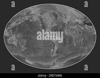 Plaque tectonique Panama sur la carte d'élévation en niveaux de gris dans la projection oblique de Fahey centrée méridien et latitudinal. Emplacements des tremblements de terre Banque D'Images