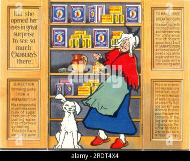 Publicité chromolithographiée pour Cadbury's Cocoa montrant Old Mother Hubbard circa 1895 avec les portes de placard ouvertes Banque D'Images