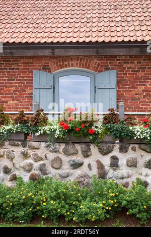 Fenêtre vintage et balcon décoré avec géranium et autres fleurs. Banque D'Images