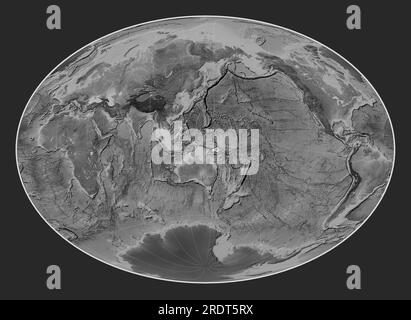 Plaque tectonique de la mer de Salomon sur la carte d'élévation en niveaux de gris dans la projection oblique de Fahey centrée méridien et latitudinal. Banque D'Images