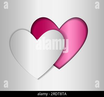 Coeur rose découpé dans du papier, sur un fond argenté, le concept de Saint Valentin, Saint Valentin, félicitations, cartes, lettres, icônes Illustration de Vecteur