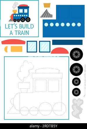 Permet de construire une activité de coupe et de colle de train. Jeu d'artisanat éducatif de transport. Trouvez les pièces manquantes. Page imprimable de transport de vecteur pour les enfants avec Illustration de Vecteur