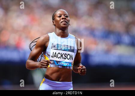 LONDON, UK - 23rd Jul 2023:  Shericka Jackson of Jamaica takes third place in the Women's 100m event during the London Athletics Meet, part of the 2023 Diamond League series at London Stadium.  Credit: Craig Mercer/Alamy Live News Stock Photo