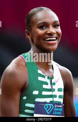 LONDRES, Royaume-Uni - 23 juillet 2023 : Dina Asher-Smith, de Grande-Bretagne, réagit après avoir pris la deuxième place du 100m féminin lors du London Athletics Meet, qui fait partie de la série de la Diamond League 2023 au London Stadium. Crédit : Craig Mercer/Alamy Live News Banque D'Images