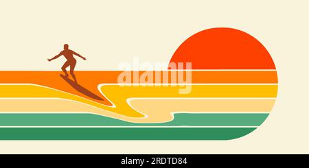 Un surfeur mâle est vu sur sa planche à voile sur un motif graphique coloré d'un coucher de soleil sur l'océan. Il s'agit d'un design pour un logo ou une icône de surf. Banque D'Images
