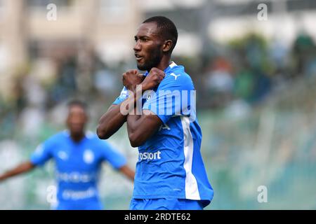 Mlada Boleslav, République tchèque. 23 juillet 2023. LAMIN JAWO du FK Mlada Boleslav célèbre son but lors du 1e match le 23 juillet 2023 à Mlada Boleslav alors qu’ils battaient dans le match du premier tour du FK Jablonec 3:1. (Image de crédit : © Slavek Ruta/ZUMA Press Wire) USAGE ÉDITORIAL SEULEMENT! Non destiné à UN USAGE commercial ! Banque D'Images