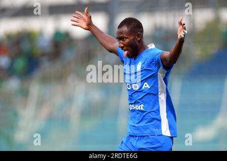 Mlada Boleslav, République tchèque. 23 juillet 2023. LAMIN JAWO du FK Mlada Boleslav célèbre son but lors du 1e match le 23 juillet 2023 à Mlada Boleslav alors qu’ils battaient dans le match du premier tour du FK Jablonec 3:1. (Image de crédit : © Slavek Ruta/ZUMA Press Wire) USAGE ÉDITORIAL SEULEMENT! Non destiné à UN USAGE commercial ! Banque D'Images