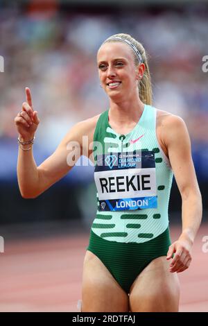 LONDRES, Royaume-Uni - 23 juillet 2023 : Jemma Reekie, de Grande-Bretagne, célèbre sa victoire au 800m féminin lors du London Athletics Meet, qui fait partie de la série de la Diamond League 2023 au London Stadium. Crédit : Craig Mercer/Alamy Live News Banque D'Images