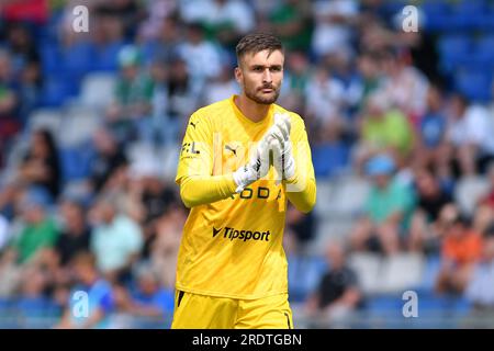 Mlada Boleslav, République tchèque. 23 juillet 2023. MATOUS TRMAL, gardien de but du FK Mlada Boleslav célèbre son but lors du 1e match le 23 juillet 2023 à Mlada Boleslav alors qu’ils battaient dans le match du premier tour du FK Jablonec 3:1. (Image de crédit : © Slavek Ruta/ZUMA Press Wire) USAGE ÉDITORIAL SEULEMENT! Non destiné à UN USAGE commercial ! Banque D'Images