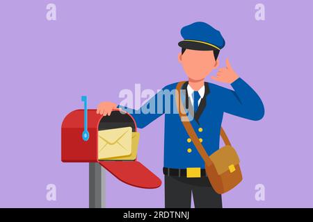 Graphisme design plat dessinant le facteur actif tenant l'enveloppe sur la boîte aux lettres avec le geste appelez-moi, porter un chapeau, un sac, un uniforme, travailler dur pour livrer le courrier à Banque D'Images