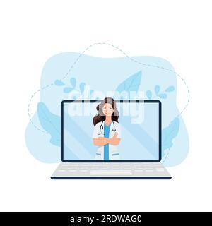 Consultation médicale en ligne et soutien. Médecin en ligne. Services de santé, demandez à un médecin. Médecin de famille, thérapeute avec stéthoscope sur les genoux Illustration de Vecteur