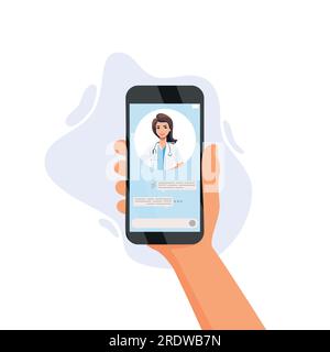 illustration vectorielle de concept de médecine nline. Bande dessinée main humaine plate tenant smartphone avec appel vidéo au personnage de médecin sur l'écran, en utilisant adv mobile Illustration de Vecteur