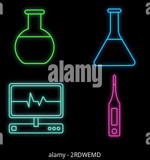 Ensemble de signes néons médicaux multicolores brillants lumineux pour une pharmacie ou un magasin d'hôpital beau thermomètre de flacon de science brillant pulsé sur un dos noir Illustration de Vecteur