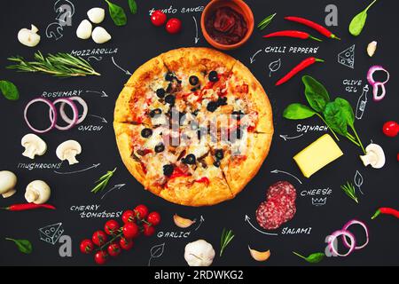 Pizza, ingrédients et noms de produits écrits à la craie sur fond noir. Bannière, menu, recette. Banque D'Images