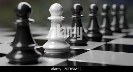 Un pion blanc d'échecs et des pions noirs sur fond d'échiquier. Diversité d'inclusion et concept de démarcation. rendu 3d. Banque D'Images