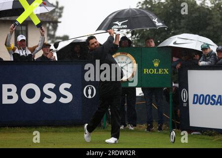 Hoylake, Merseyside, Royaume-Uni. 23 juillet 2023 ; Royal Liverpool Golf Club, Hoylake, Merseyside, Angleterre : la finale de l'Open Championship ; Jason Day (AUS) frappe son coup de tee au 12e trou Credit : action plus Sports Images/Alamy Live News Banque D'Images