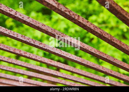 Rayons en métal rouge rouillé et brun foncé avec actif de fond de feuille vert flou brillant Banque D'Images