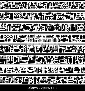 Symboles similaires aux hiéroglyphes égyptiens. Ligne monochrome noir blanc vecteur bordure de motif sans couture Illustration de Vecteur