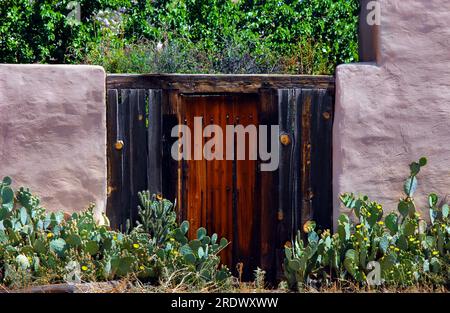 L'aménagement paysager du désert autour de la ville d'Albuquerque, au Nouveau-Mexique, comprend des cactus et un mur d'adobe. Ce mur comprend une porte très rustique avec de gros clous Banque D'Images