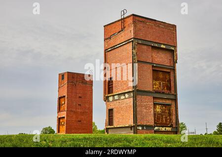 Vieux bâtiments de monte-charge avec des murs détruits et abandonnés dans un champ d'herbe vide Banque D'Images