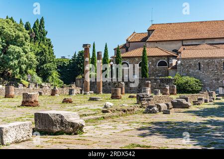 Vestiges de colonnes d'une ancienne basilique romaine sur la colline de San Giusto, près du château de San Giusto, centre-ville de Trieste, Italie Banque D'Images