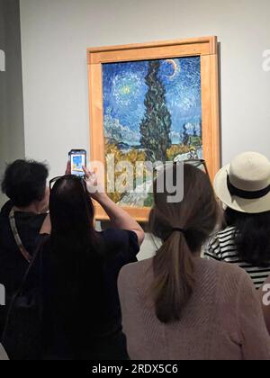 Road with Cypress and Star, également connue sous le nom de Country Road in Provence By Night, est une peinture à l'huile sur toile réalisée en 1890 par le peintre post-impressionniste néerlandais Vincent van Gogh. C'est la dernière peinture qu'il réalise à Saint-Rémy-de-Provence, l'exposition du Metropolitan Museum of Art, 'les cyprès de Van Goghs' est la première exposition à se concentrer sur les arbres, parmi les plus célèbres de l'histoire de l'art. Les foules remplissent la galerie toute la journée. Banque D'Images