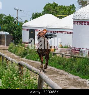 Kazakhstan, village ethno de Huns. Démonstration de la compétence d'équitation traditionnelle kazakhe nomade. Banque D'Images