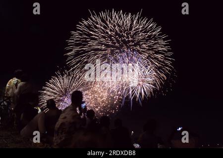 2023/07/22, Tokyo, le feu d'artifice Adachi est le premier feu d'artifice à grande échelle à se tenir à Tokyo fin juillet. Le 45e Festival des feux d'artifice d'Adachi, pour la première fois en quatre ans, a lancé environ 15 000 feux d'artifice sur le lit de la rivière Arakawa en seulement une heure. Crédit : Michael Steinebach/AFLO/Alamy Live News Banque D'Images