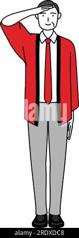 Homme senior portant un manteau happi rouge faisant un salut, Vector Illustration Illustration de Vecteur