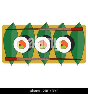 Rouleaux de sushi avec des baguettes sur un plateau Illustration vectorielle sur fond blanc. Illustration de Vecteur