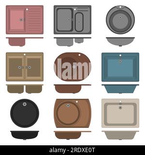 Éviers de cuisine et de salle de bains. Illustration vectorielle. Ensemble, collection de formes colorées, rondes, carrées, rectangulaires et autres différentes, diverses. Illustration de Vecteur