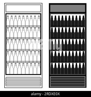 Réfrigérateur avec bouteilles de bière. Illustration vectorielle. Dessins transparents et de contour avec silhouettes. Illustration de Vecteur