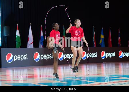 Finales du Championnat du monde de corde à sauter, Colorado Springs, Colorado, États-Unis. 23 juillet 2023. Paire de roues freestyle, Team USA Copeland et Mason crédit : Casey B. Gibson/Alamy Live News Banque D'Images