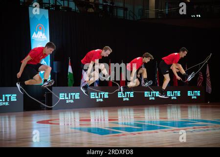 Finales du Championnat du monde de corde à sauter, Colorado Springs, Colorado, États-Unis. 23 juillet 2023. Équipe masculine en corde unique freestyle, médaillés d'argent de Belgique. Crédit : Casey B. Gibson/Alamy Live News Banque D'Images