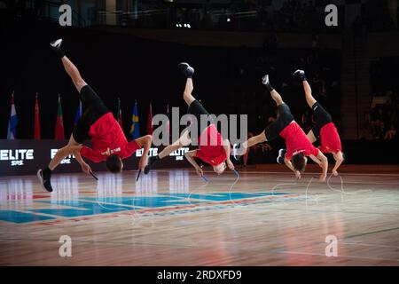 Finales du Championnat du monde de corde à sauter, Colorado Springs, Colorado, États-Unis. 23 juillet 2023. Équipe masculine en corde unique freestyle, médaillés d'argent de Belgique. Crédit : Casey B. Gibson/Alamy Live News Banque D'Images