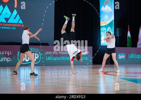 Finales du Championnat du monde de corde à sauter, Colorado Springs, Colorado, États-Unis. 23 juillet 2023. Double Dutch Single freestyle, équipe mixte Geermany. Crédit : Casey B. Gibson/Alamy Live News Banque D'Images