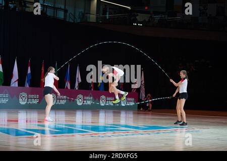 Finales du Championnat du monde de corde à sauter, Colorado Springs, Colorado, États-Unis. 23 juillet 2023. Double Dutch Single freestyle, équipe mixte Geermany. Crédit : Casey B. Gibson/Alamy Live News Banque D'Images