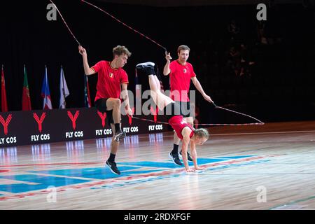 Finales du Championnat du monde de corde à sauter, Colorado Springs, Colorado, États-Unis. 23 juillet 2023. Double Néerlandais Single freestyle, équipe mixte de Belgique. Crédit : Casey B. Gibson/Alamy Live News Banque D'Images