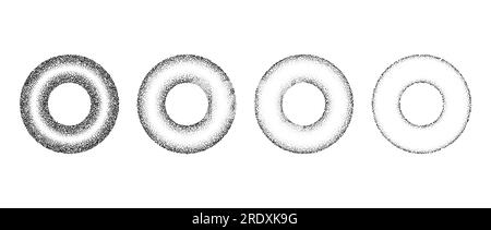 Ensemble d'anneaux dégradés texturés. Collections de cercles à pois noirs. Paquet d'éléments ronds à pointillés. Formes de points de grain de bruit s'estompant. Illustrations à effet demi-ton. Faisceau vectoriel Illustration de Vecteur