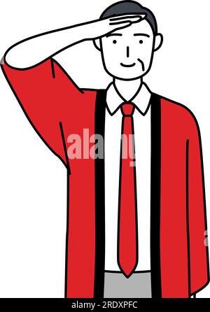 Homme senior portant un manteau happi rouge faisant un salut, Vector Illustration Illustration de Vecteur