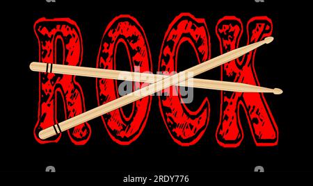 Une paire de tambours en bois colle sur un fond noir avec le texte RCK en rouge Banque D'Images
