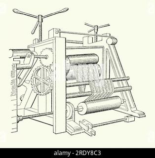 Une ancienne gravure d'une machine à calandrer victorienne. Il est tiré d'un livre de génie mécanique des années 1880 Une calandre est une série de rouleaux de pression durs utilisés pour finir ou lisser une feuille de matériau tel que le papier, les textiles et le caoutchouc. Ici, un tissu à motifs ou du papier passe à travers les rouleaux rotatifs de la machine. La pression entre les rouleaux peut être réglée au moyen des deux poignées (en haut). Certains rouleaux de calandre peuvent également être chauffés ou refroidis. En 1836, l'américain Edwin M Chaffee, de la Roxbury India Rubber Company, a breveté une calandre à quatre rouleaux pour fabriquer des feuilles de caoutchouc. Banque D'Images