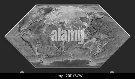 Plaque tectonique eurasienne sur la carte d'élévation en niveaux de gris dans la projection Eckert I centrée méridien. Banque D'Images