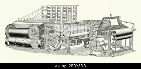 Une ancienne gravure d'un ourdissoir (à gauche), d'une bobineuse (au centre) et d'un métier à tisser (à droite) utilisés dans la production de coton dans les années 1800 Il est tiré d'un livre de génie mécanique victorien des années 1880 Un métier à tisser est un dispositif utilisé pour tisser des tissus. Le but fondamental de tout métier à tisser est de maintenir les fils de chaîne sous tension pour faciliter l'entrelacement des fils de trame. L'Anglais Edmund Cartwright a construit et breveté un métier à tisser mécanique en 1785, et c'est ce qui a été adopté par l'industrie du coton. L'eau et/ou la vapeur fournissaient l'énergie nécessaire pour faire fonctionner les métiers à tisser, généralement par des entraînements à courroie vers les métiers à tisser individuels. Banque D'Images