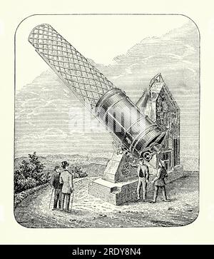 Une gravure ancienne du Grand télescope de Melbourne, Melbourne, Victoria, Australie vers 1869. Il est tiré d'un livre de génie mécanique des années 1880 Le Great Melbourne Telescope a été construit par la Grubb Telescope Company à Dublin en Irlande en 1868. Il a été installé à l'Observatoire de Melbourne en 1869. Avec un miroir primaire de 48 pouces (1,2 mètres) de diamètre, c'était l'un des plus grands télescopes de la fin du 19e siècle. En 1945, l'Observatoire a fermé et le télescope a été déplacé à l'Observatoire du Mont Stromlo près de Canberra. En 2003, le télescope a été gravement endommagé dans un feu de brousse. Banque D'Images