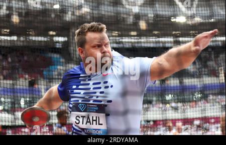 Londres, Grande-Bretagne. 23 juillet 2023. Daniel Stahl, de Suède, participe à la finale du lancer du disque masculin au Diamond Leagues Athletics Meeting à Londres, en Grande-Bretagne, le 23 juillet 2023. Crédit : Li Ying/Xinhua/Alamy Live News Banque D'Images