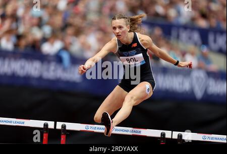 Londres, Grande-Bretagne. 23 juillet 2023. Femke bol, des pays-Bas, participe à la finale féminine du 400 m haies au Diamond Leagues Athletics Meeting à Londres, en Grande-Bretagne, le 23 juillet 2023. Crédit : Li Ying/Xinhua/Alamy Live News Banque D'Images